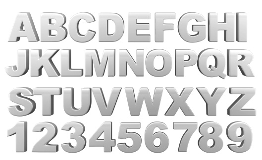 Silver full 3d alphabet with numerals.Isolated on a white background