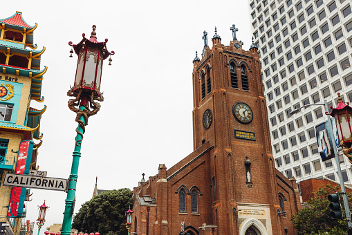 Facade and spires of the Cathedral of St Louis, King of France in the French Quarter of New Orleans in Louisiana