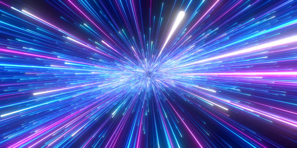 Speed of light in space on dark background. Abstract background in blue and yellow neon glow colors. Speed of light in galaxy. Explosion in universe. Cosmic background for event, party, carnival, celebration, anniversary or other. 3D rendering. lighting fire cracker stock pictures, royalty-free photos & images