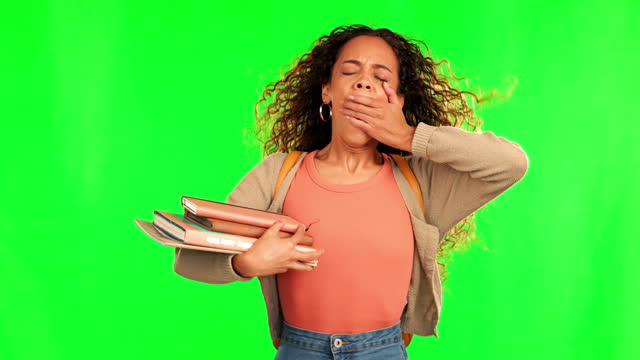 Green screen, tired woman and student walking, morning commute or travel to university campus, college or school Education books, chroma key fatigue and exhausted person yawn on studio background