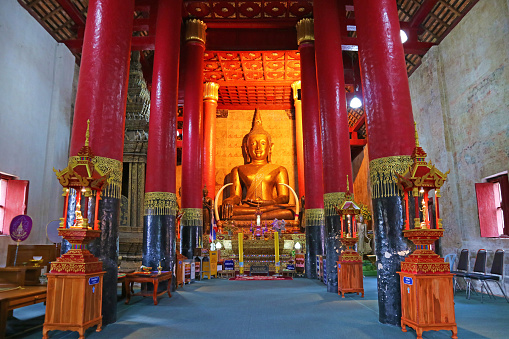 Prajaoluang Srinakonnan, Gorgeous Large Golden Buddha Image in the Grand Shrine Hall of Wat Phra That Chang Kham Worawihan, Nan Province, Northern Thailand