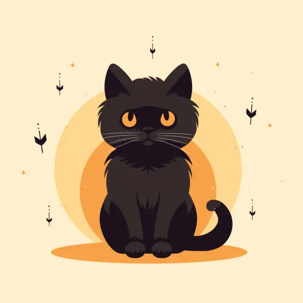 Vector illustration of Cute black cat on orange background. Halloween black cat design.