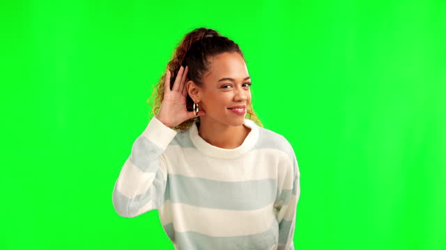 Woman portrait, hearing and speak loud sign with green screen and secret news with a smile. Confidential, palm to ear and young female person hand listening to gossip and whisper with emoji gesture