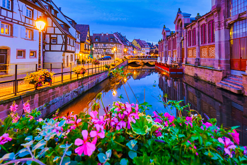 Colmar, Alsace, France Petite Venice, water canal, and traditional half timbered houses in Colmar