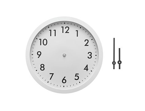 Round clock with arrows isolated on white background. The arrows are cut out to set the desired time.