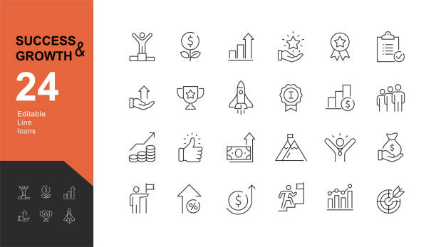 Success and Growth Editable Icons set. Vector illustration in modern thin line style of business icons: personal, professional, and financial growth, progress, career. Pictograms and infographics start ups stock illustrations