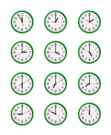 Set of round clock with arrows isolated on white background.