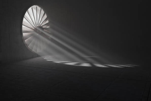 3D rendering of an aged turbine with light rays in concrete garage