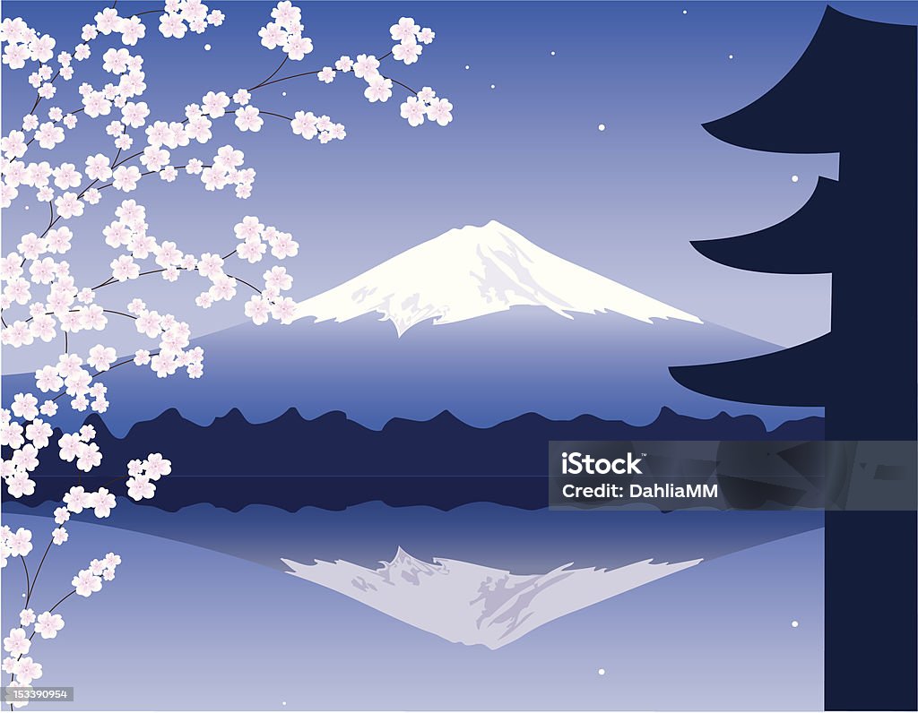 vector MONTE Fuji, ramas de sakura y pagoda - arte vectorial de Ilustración libre de derechos