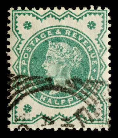 Vintage British Victorian Half Penny Green Postage Stamp with Portrait of Queen Victoria, circa 1887