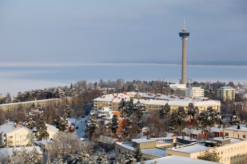 This is Tampere city of Finland in winter. The observation tower is the landmark of Tampere.