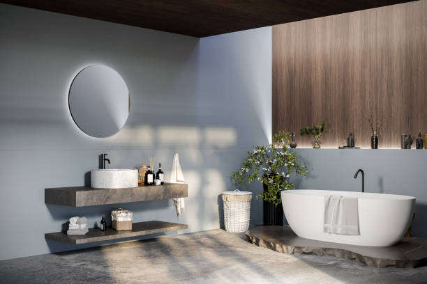 istock Modern bathroom interior with white bathtub and marble vanity, 1533918117