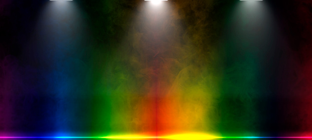 Lgpt pride background of rainbow colors, Stage shows, empty dark scene, laser beams, neon, spotlights reflecting on floor, studio room with abstract smoke floating up, night view,