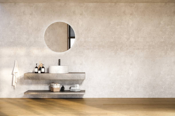 istock Modern bathroom interior with white bathtub and marble vanity, baskets, 1533928416