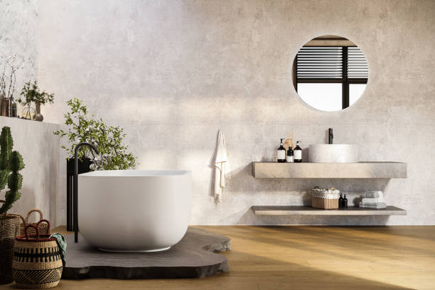 istock Modern bathroom interior with white bathtub and marble vanity, baskets, 1533928419