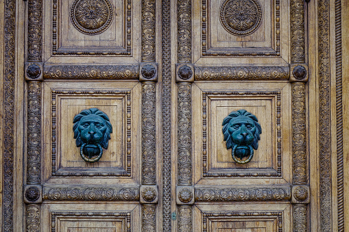Wooden door of an old building near Kremlin Palace in Moscow, Russia.