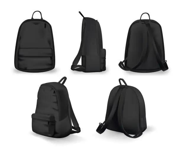 Vector illustration of Black backpack design front, back, side and isometric view set. College or school rucksack mockup vector illustration. Realistic youth pack of fabric for study or sport isolated on white background