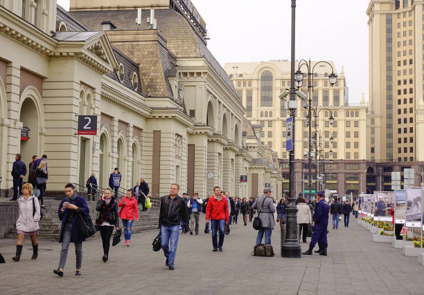 Moscow, Russia - Oct 3, 2016. People walking on street at Arbat district in Moscow, Russia.