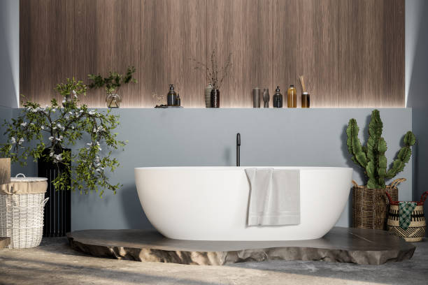 istock Modern bathroom interior with white bathtub and marble vanity, baskets, blue walls, concrete floor, plants, wooden wall panel, natural lighting. Minimal bathroom with modern furniture. 3d Rendering 1533952960