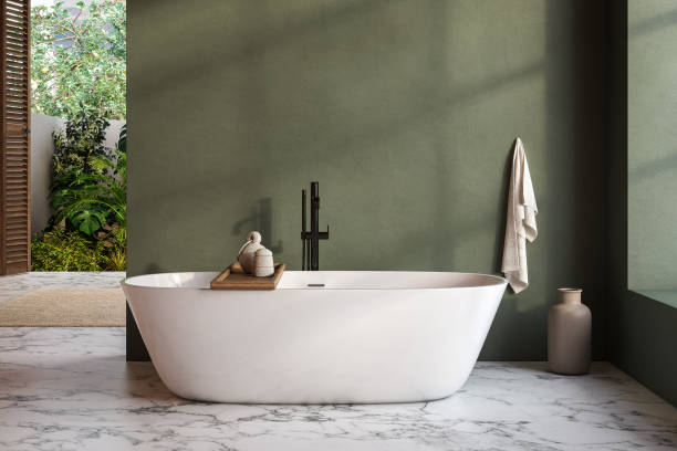 istock Modern contemporary style bathroom with tropical style yard view 3d render,There are marble floor and green and orange wall decorated with marble basin counter and black framed mirror 1533976169