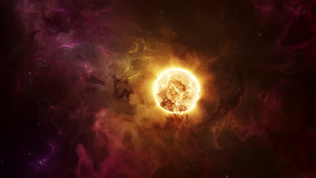Hot Protostar Sun with Erupting Purple Nebula Gases in Deep Space Solar System