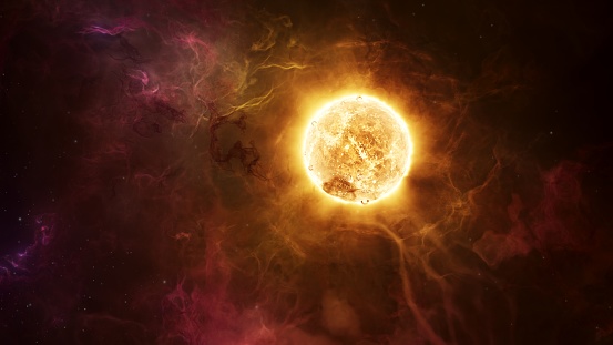 Hot erupting Sun wrapped in hydrogen plasma nebula clouds. Young star in solar system concept 3D illustration. Flares and coronal mass ejections unleash a torrent of searing glowing gases into space.