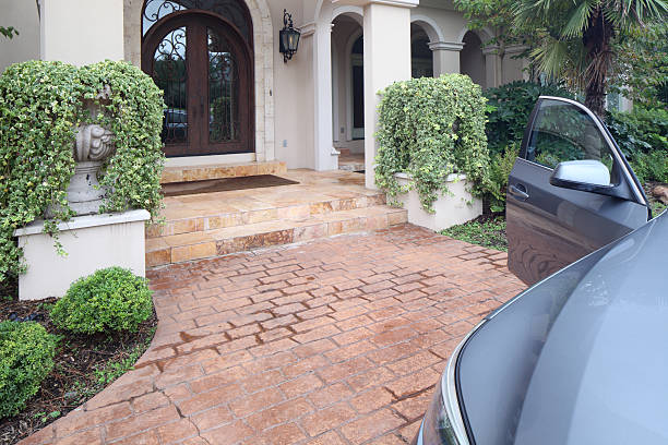 Front porch and driveway of a luxury home stock photo