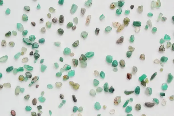 Close-up of green aventurine semi-precious natural polished gemstone mineral rock on white background. Heart Chakra healing crystals. quartz chrysoprase pebbles. Meditation, esoteric life concept