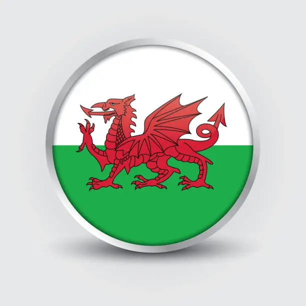 Vector illustration of Wales circle flag design is used as badge, button, icon with reflection of shadow