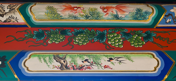 The Long Corridor is a covered walkway in the Summer Palace in Beijing, China. First erected in the middle of the 18th century, it is famous for its 728 m (2,388 ft) length in conjunction with its rich painted decoration. Painted Scenics and animals, Summer Palace, Qing Dynasty,  Imperial retreat, Beijing, China