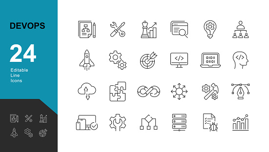 Vector illustration in modern thin line style of DevOps icons: application development stages, testing, programming, IT operations. Pictograms and infographics.