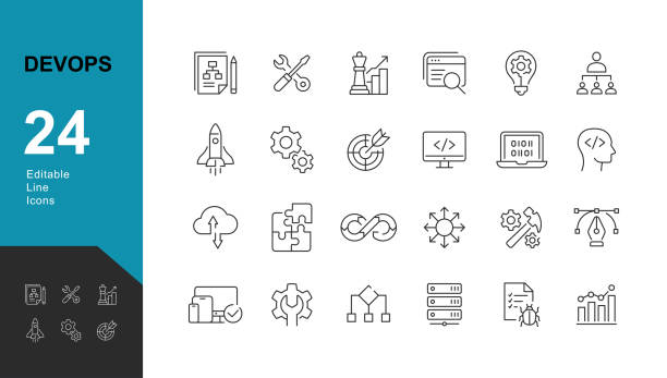 Development Line Editable Icons set. Vector illustration in modern thin line style of DevOps icons: application development stages, testing, programming, IT operations. Pictograms and infographics. game developer stock illustrations