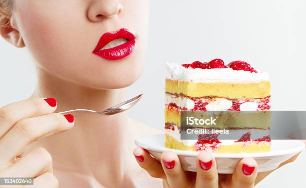 Eating A Strawberry Cake Stock Photo - Download Image Now - Women, Sensuality, Cake