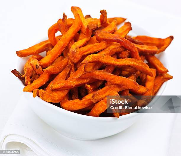 White Bowl Of Thin Sweet Potato Fries Isolated On White Stock Photo - Download Image Now