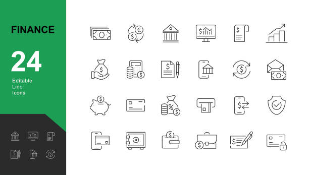 ilustraciones, imágenes clip art, dibujos animados e iconos de stock de conjunto de iconos editables de la línea de finanzas. - piggy bank savings pig currency