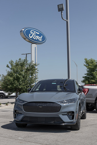 Muncie - July 10, 2023: Ford Mach-E Mustang SUV EV Electric Vehicle display. The Mustang Mach-E is Ford's first all-electric crossover.