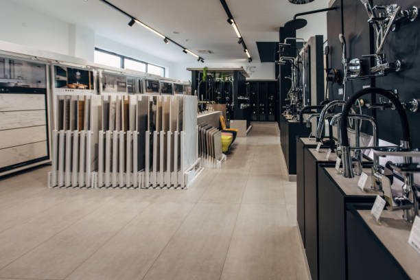Modern showroom, bathroom equipment on display.
