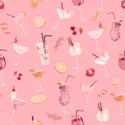 Vector seamless pattern with colorful tropical cocktails on a pink background in a flat style. Perfect for print, wrapping paper, wallpaper, fabric design.