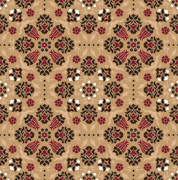 Vector illustration of Ethnic floral pattern in brown and red color. Ornate damask fabric swatch.