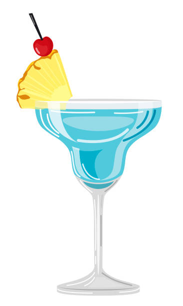 векторная иллюстрация синего коктейля с долькой ананаса и вишней на белом фоне в плоском стиле. - glass water freshness tonic water stock illustrations