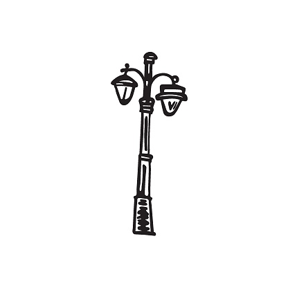 Cast a warm and nostalgic glow with this vintage street light doodle. Let its timeless charm illuminate memories of days gone by. Vector black and white illustration of a street lantern.