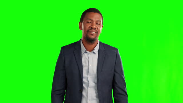 Business man, shrug and confused on green screen for lbad news, ignorance or negative portrait. Professional black male person with hand gesture or emoji for disappointment, fail or  problem
