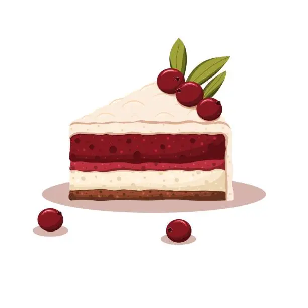 Vector illustration of A piece of chocolate cake with red currants and vanilla filling. Vector illustration. Hand-drawn.
