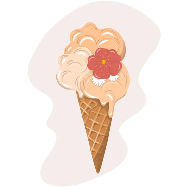 мороженое в вафельном рожке с разными вкусами, украшенное цветами. векторная иллюстрация. нарисовано от руки. - symmetry ice cream cone ice cream cream stock illustrations