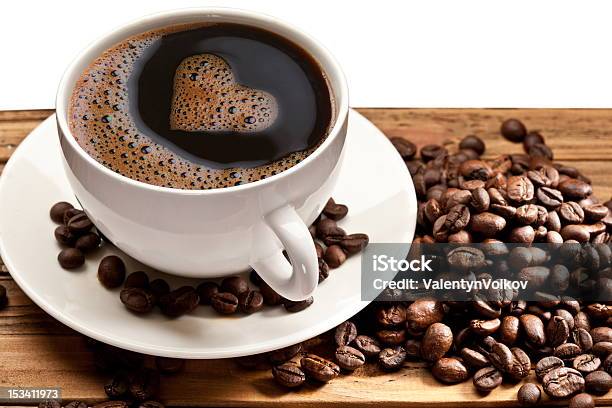 Coffee Cup On A Wooden Table Stock Photo - Download Image Now - Black Color, Breakfast, Brown