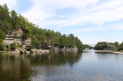Ferris Provincial Park in Ontario on Trent River in July 2023. Amazing scenery in Ontario, Canada. Picturesque Canadian nature. Summer camping in Ontario. Rocks and trees. River cruises.  Ranney Gorge Suspension Bridge. Northumberland County in Ontario, Canada. Campbellford, Ontario, Canada