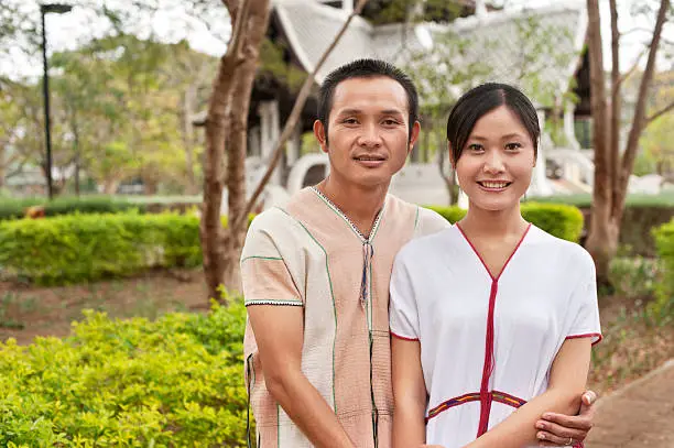 A Pwo Karen couple in traditional clothing.