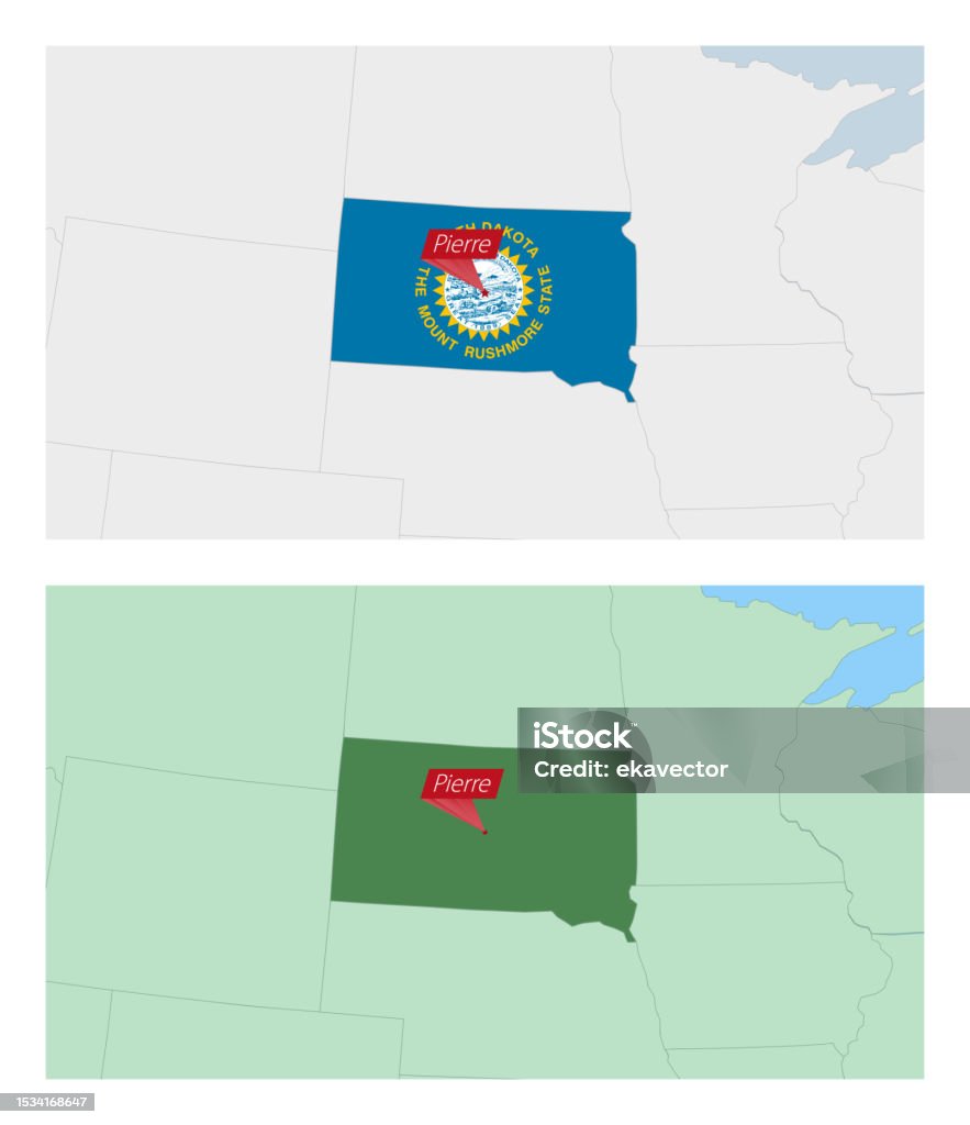 国の首都のピンを持つサウスダコタ州の地図2種類のサウスダコタ州が近隣諸国と地図を描いています お祝いのベクターアート素材や画像を多数ご用意