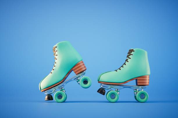istock Pair of bright stylish roller skates on blue background. 3d render 1534170899