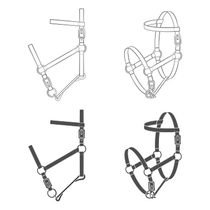 Set of black and white illustrations with halter, headstall, bridle. Isolated vector objects on white background.